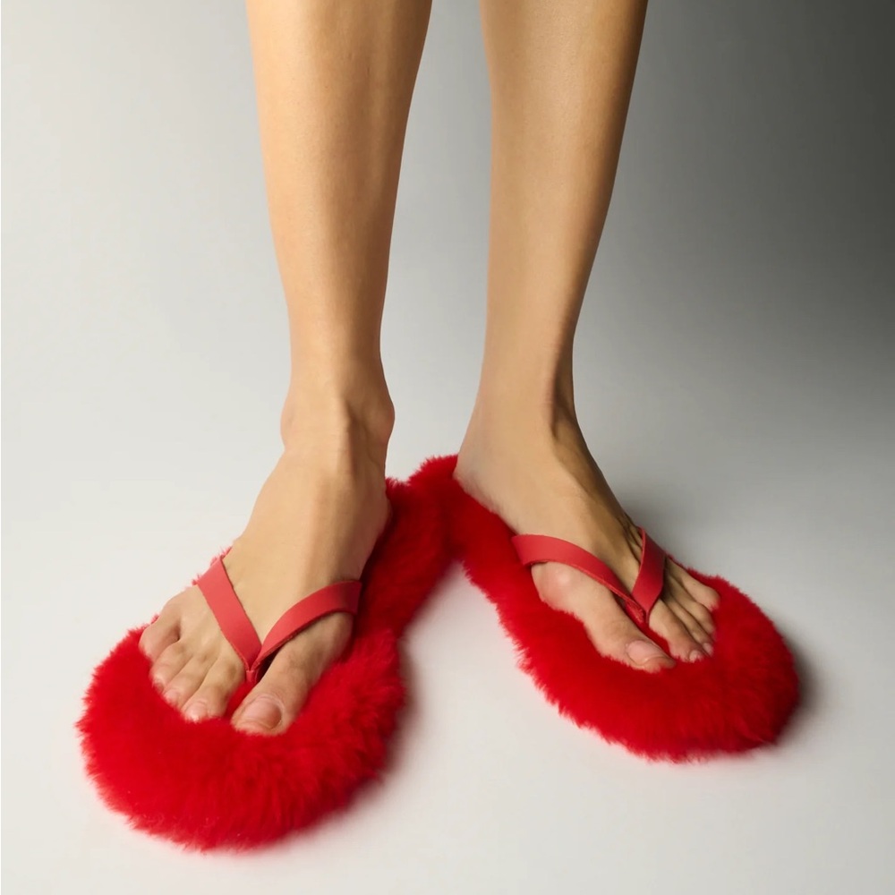 Tibi Bryan Shearling Flip Flop Red
